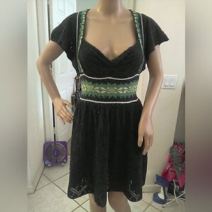 VINTAGE FREE PEOPLE DRESS KNIT/CROCHET Black W/ GREEN & WHITE CROCHET SZ. M 🔥🔥